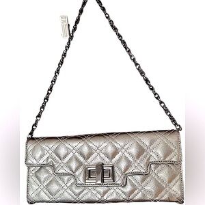 - Sondra Robert’s shoulder clutch Flap bag  Metallic Silver Quilted Black chain